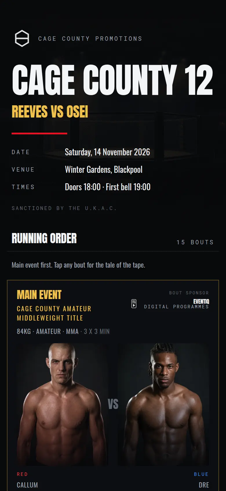 The Cage County 12 running order on a phone, main event at the top