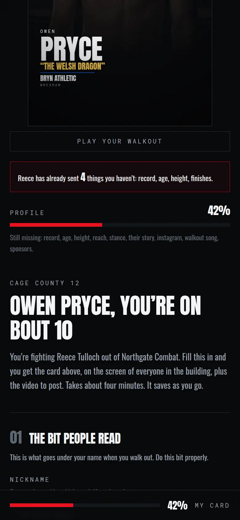 The fighter's questionnaire with their card building above it